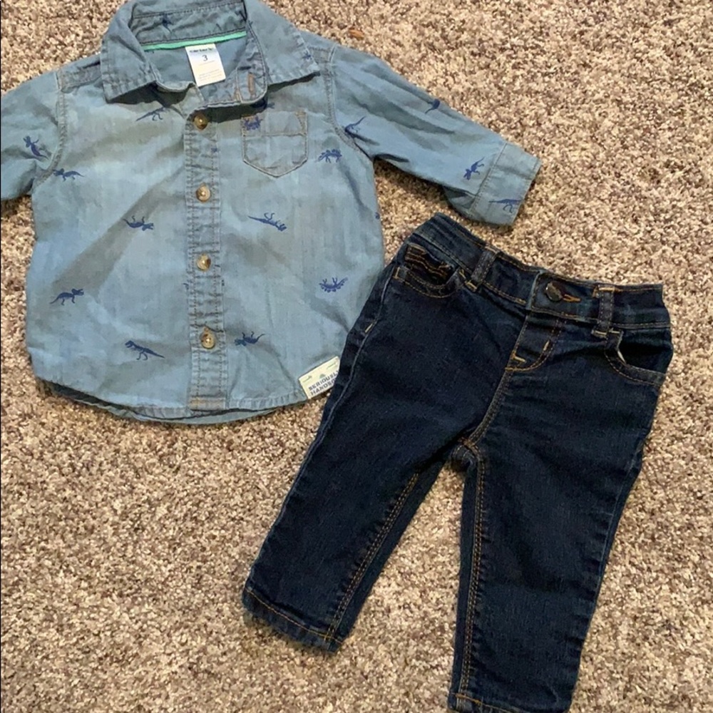 Chambray Dino shirt with jeans